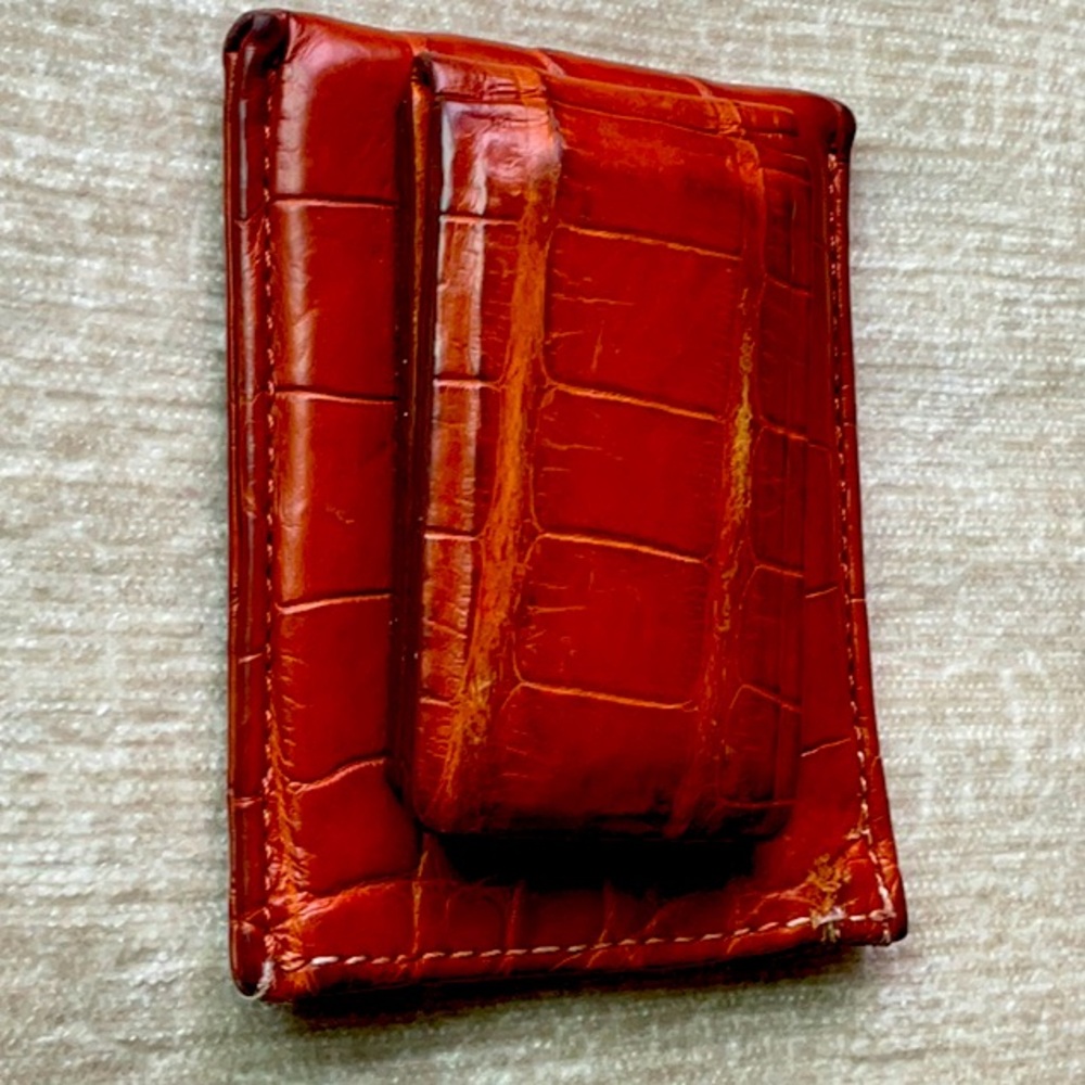 Moore & Giles alligator money clip wallet, very good condition, 3.5” x 2.75”